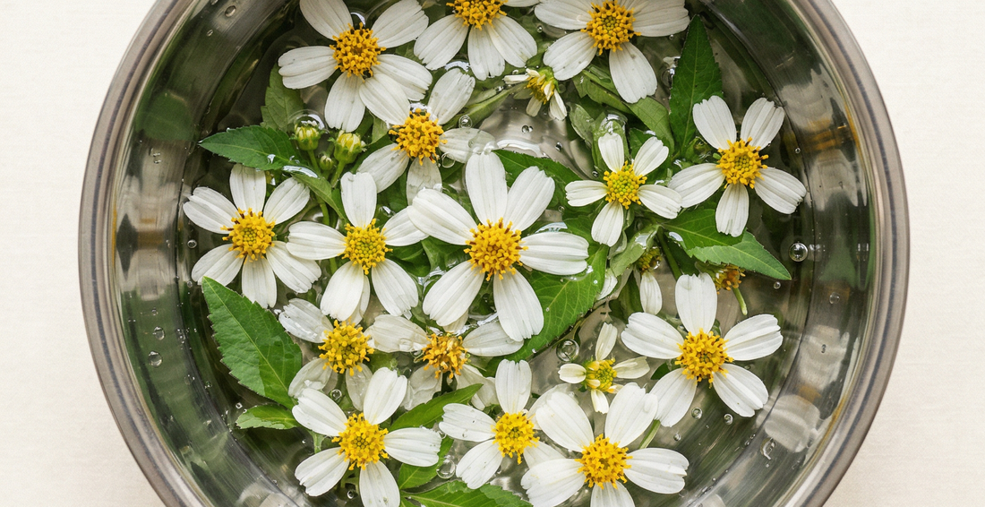 Cómo elegir un sérum facial eficaz - Plant Perfection Gel Serum en un vaso de laboratorio rodeado de flores blancas