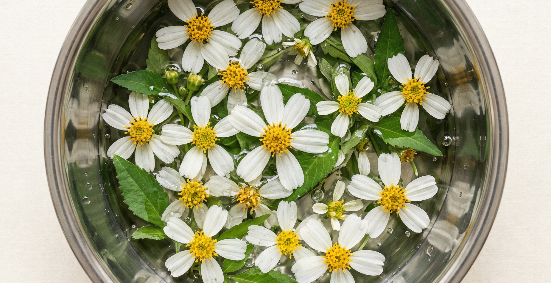 Cómo elegir un sérum facial eficaz - Plant Perfection Gel Serum en un vaso de laboratorio rodeado de flores blancas