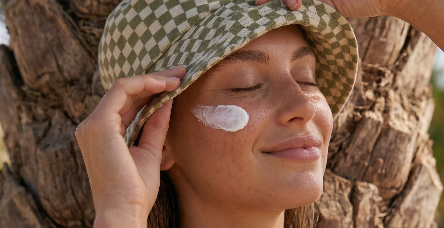 Mujer bajo la luz del sol con gesto sereno, representando una conversación más consciente sobre SPF, bronceado y cuidado de la piel en verano.